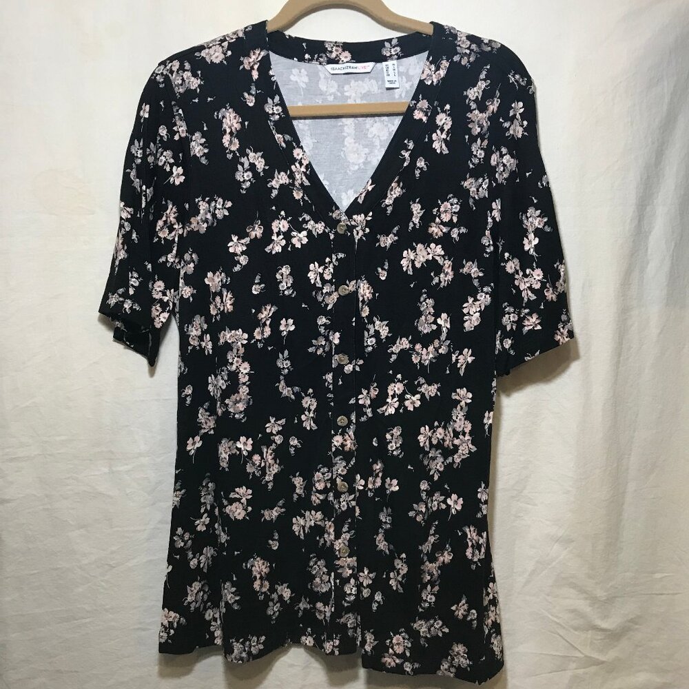 Issac Mizrahi Live! Black Floral Print Blouse Top EUC Medium M Button Down Front